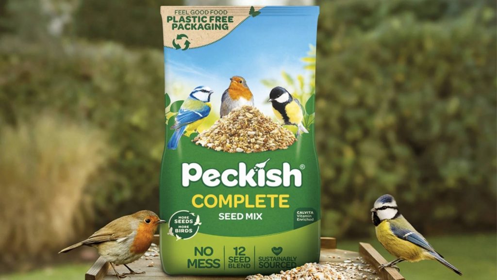 Peckish Complete Seed Mix bird food bag with garden birds