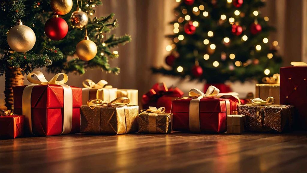 Christmas presents wrapped in red and gold with ribbons, placed beneath a decorated Christmas tree with warm festive lights.