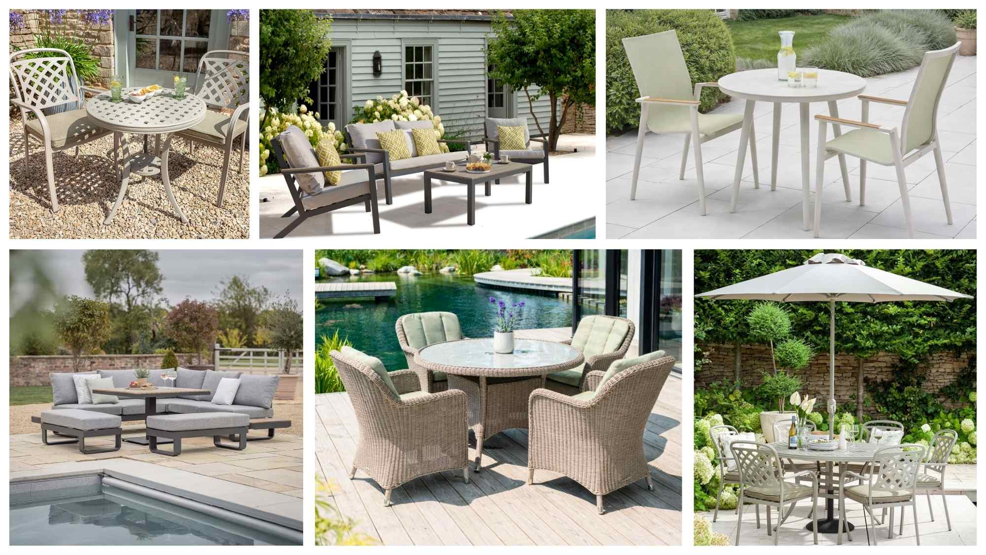 A collection of elegant outdoor furniture and dining sets inspired by stylish Chelsea Flower Show garden spaces and modern outdoor living trends.