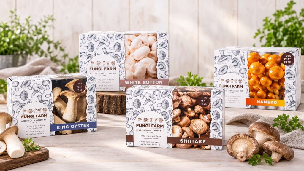Selection of Fungi Farm mushroom grow kits including King Oyster, White Button, Shiitake and Nameko