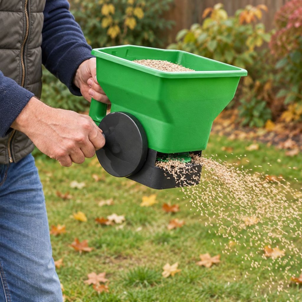 Compact Lawn seed spreader sprinkling seeds on a lawn