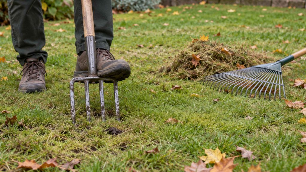 Aerating an autumn lawn with a garden fork after raking away dead grass and thatch.